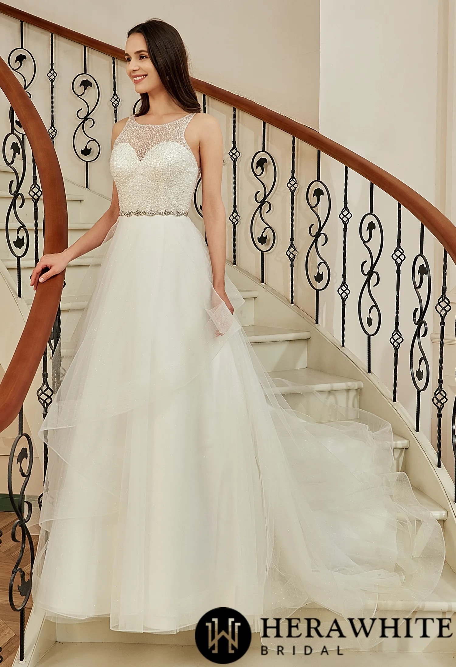 Bride in a cap sleeve lace wedding dress in a church aisle