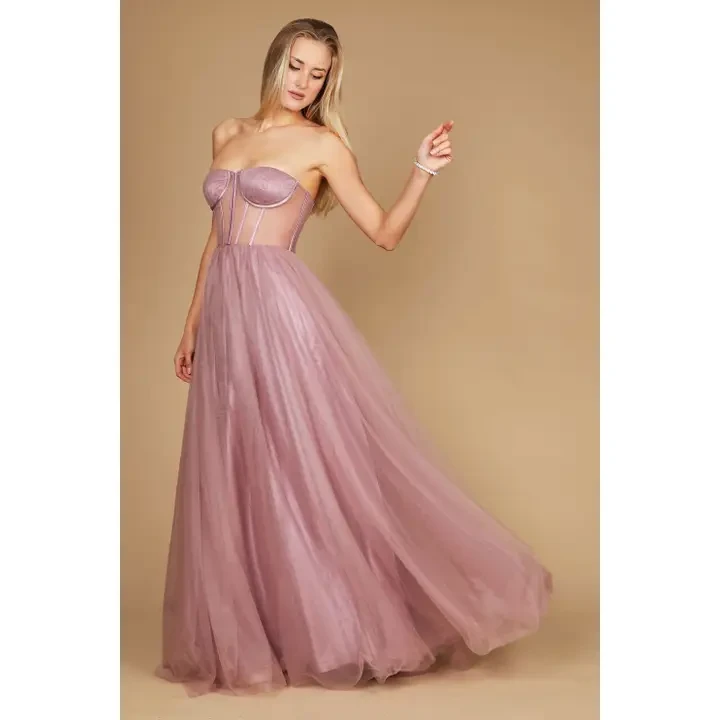 Mauve strapless flowing grad gown
