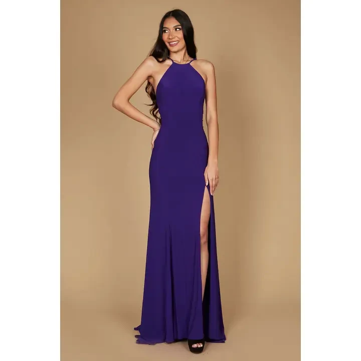 Purple halter grad gown