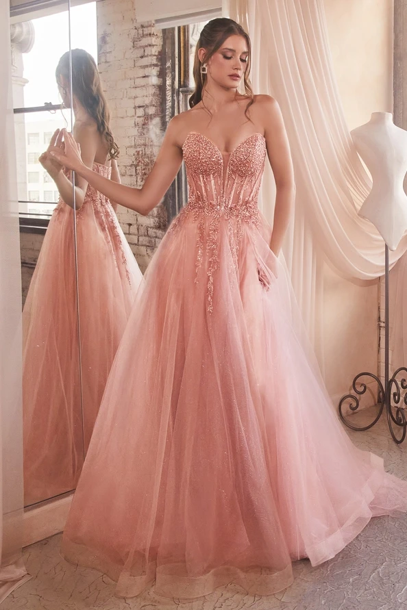 Pink beaded tulle ballgown — featured grad style